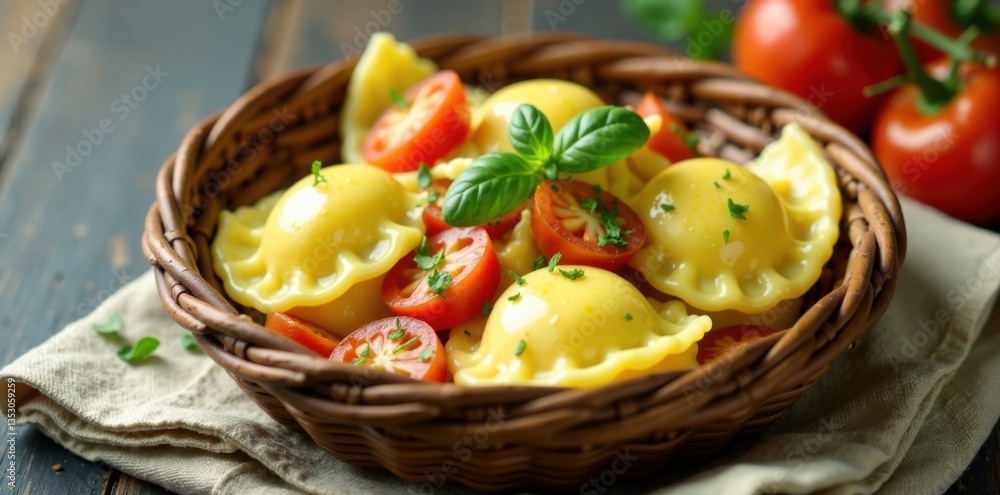 Boiled ravioli filled with vegetables in a wicker basket on a minimalist table , wicker, minimalism Boiled ravioli filled with vegetables in a wicker basket on a minimalist table , wicker, minimalism