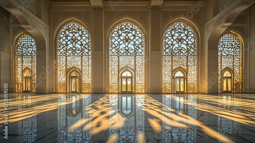 Obraz na płótnie Sunlit Islamic architecture interior with ornate arches and marble floor. w salonie