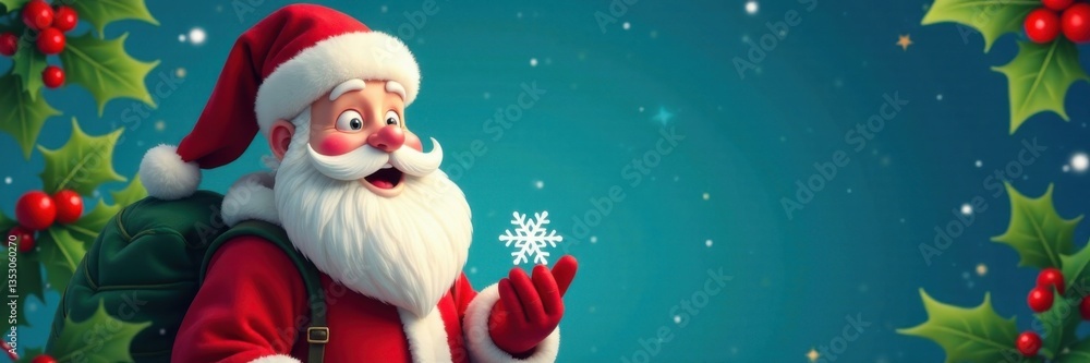 Cartoon illustration of Santa Claus holding a delicate snowflake amidst festive holly and mistletoe, santa, holly Cartoon illustration of Santa Claus holding a delicate snowflake amidst festive holly and mistletoe, santa, holly