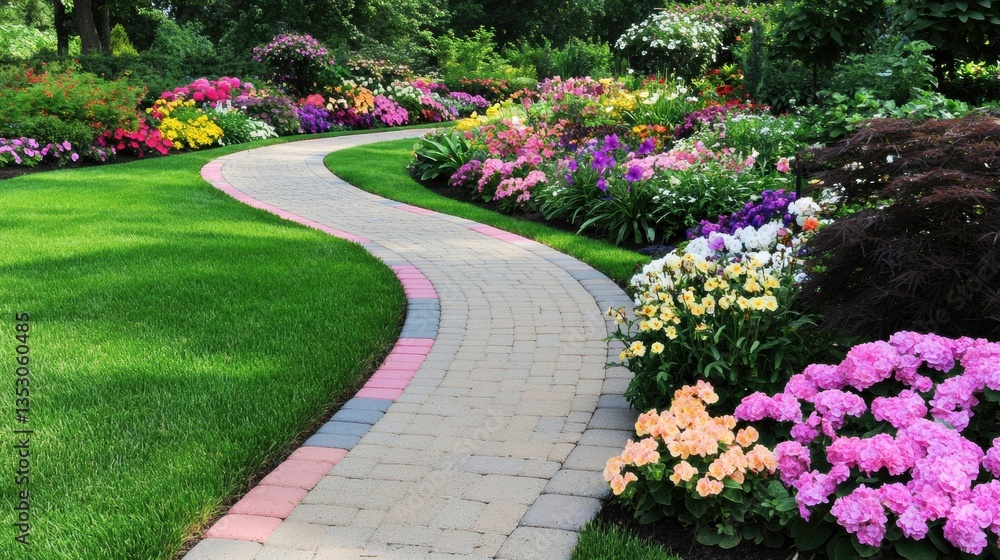 Obraz premium Serene Garden Pathway Winding Stone Path Through Colorful Flowers & Lush Green Lawn.