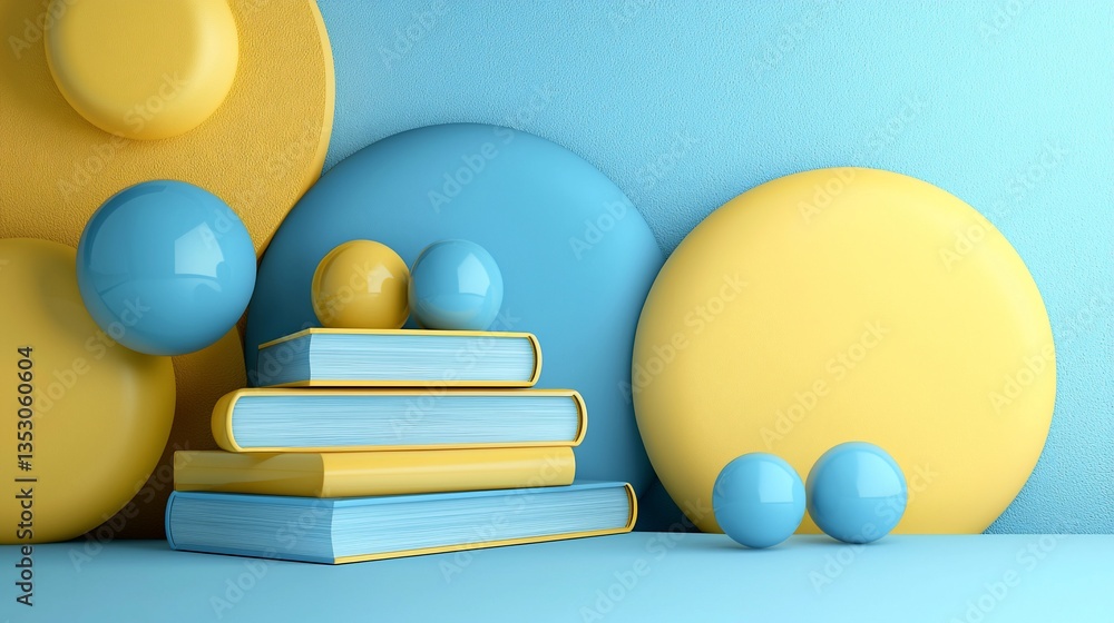 Stacked books with blue and yellow spheres against a pastel background.