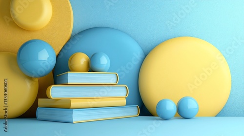 Obraz na płótnie Stacked books with blue and yellow spheres against a pastel background. w salonie