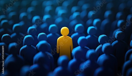 A single, bright yellow figure amidst a crowd of blue figures