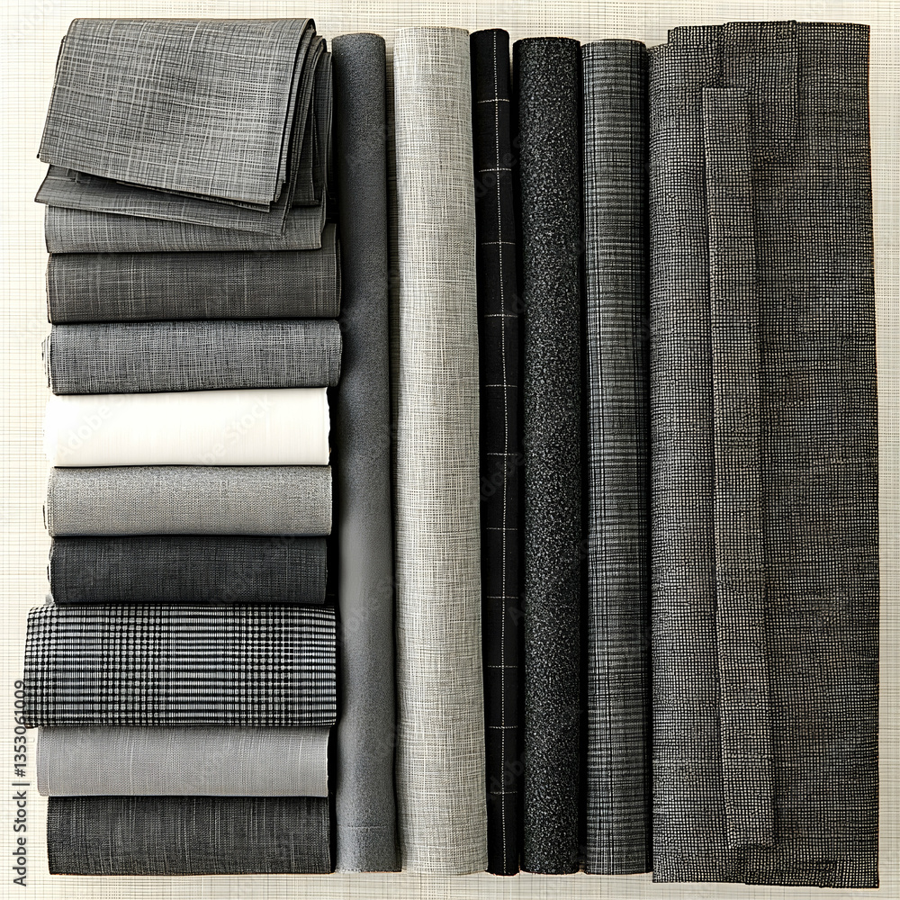 Gray fabric swatches, arranged neatly, showcasing various textures and patterns, ideal for textile design Gray fabric swatches, arranged neatly, showcasing various textures and patterns, ideal for textile design