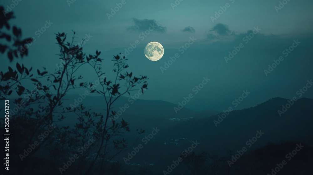 Naklejka premium Serene moonlight over distant mountains, framed by delicate branches