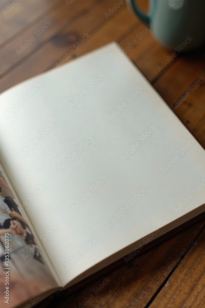 Fototapeta premium Clean vertical photo album layout with blank pages and leather binding, office, organization