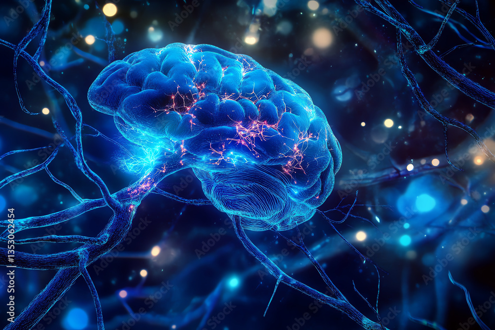 Digital rendering of a brain with neural networks glowing. Digital rendering of a brain with neural networks glowing.