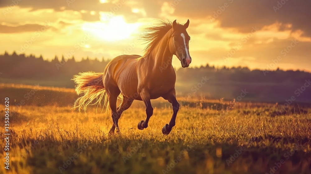 horse running on the grassland in a bright sunny day, green grass horse running on the grassland in a bright sunny day, green grass