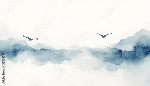 Birds fly over misty mountains, serene watercolor landscape
