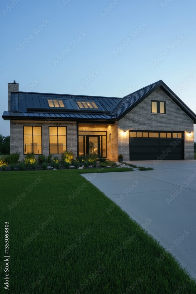 Obraz premium Modern brick house with stylish design illuminated at dusk in a suburban neighborhood showcasing contemporary architecture and landscaping