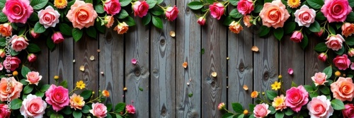 Colorful floral banners with roses, lilies and carnations draped over wooden fence, floral arrangements, outdoor decor