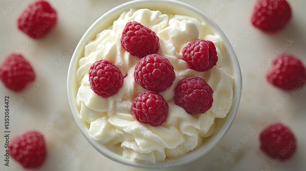 Fresh whipped cream topped with raspberries Fresh whipped cream topped with raspberries