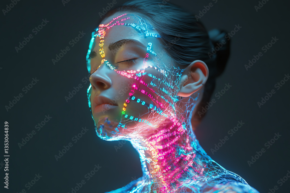 Naklejka premium Woman immersed in colorful digital light patterns at night.