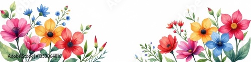 Colorful watercolor flowers arrangement on white background, blooms, garden, nature