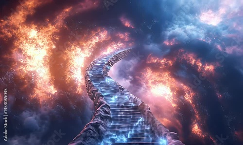 A mystical stairway to heaven through fiery clouds