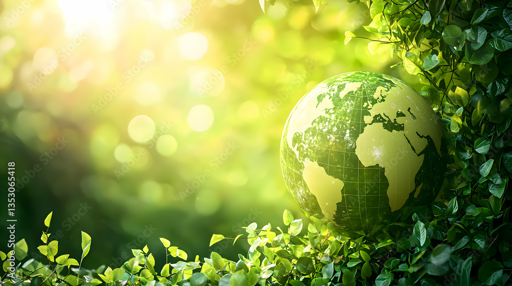 A minimalist 3D green globe encircled by leafy vines, glowing softly, eco-friendly and modern, ideal for Earth Day promotions, sustainability graphics, or environmental logos. A minimalist 3D green globe encircled by leafy vines, glowing softly, eco-friendly and modern, ideal for Earth Day promotions, sustainability graphics, or environmental logos.