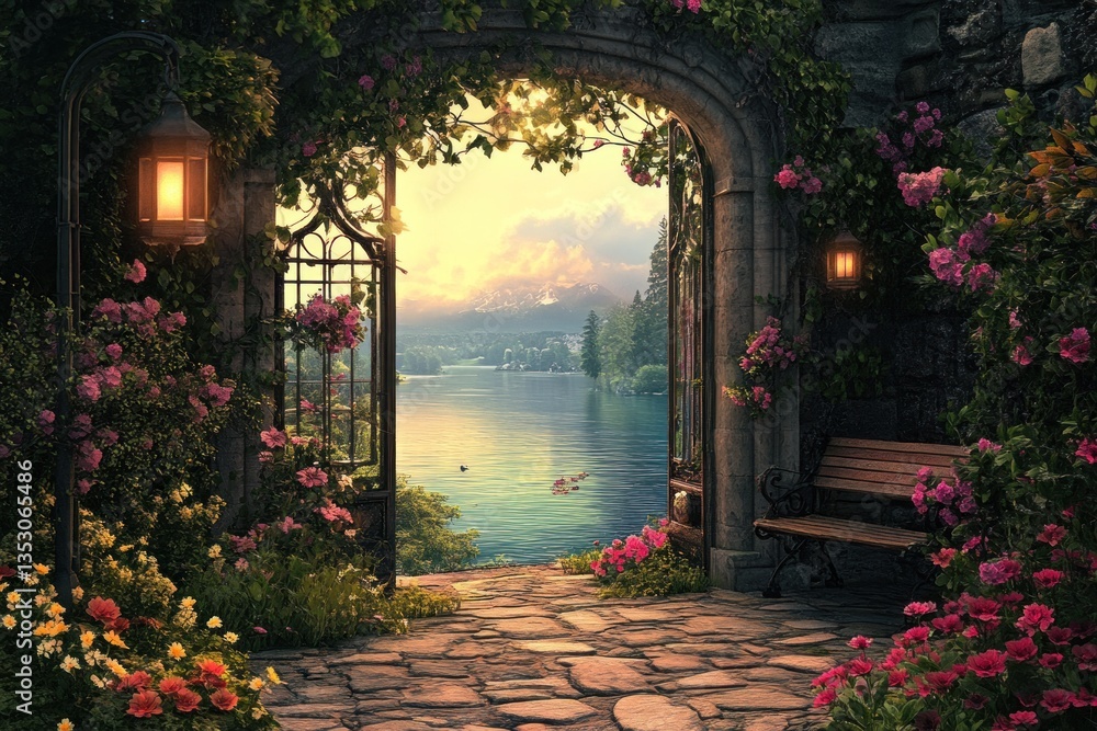 Fototapeta premium An open gateway leading to a tranquil lake view scene
