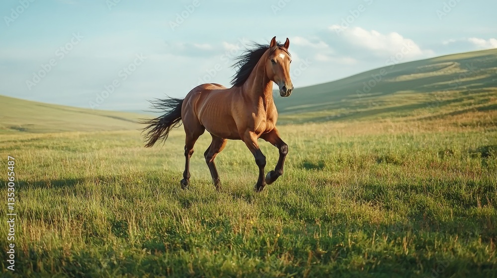 horse running on the grassland in a bright sunny day, green grass horse running on the grassland in a bright sunny day, green grass