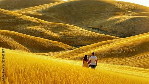 Couple Walking Hand in Hand Across Golden Wheat Field at Sunset