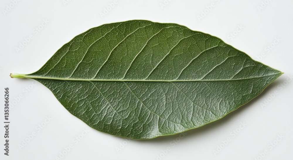 Obraz premium Fresh Green Leaf Isolated on Light Background Showing Texture and Detail Perfect for Nature, Botany, and Eco-Friendly Themes in Design Projects