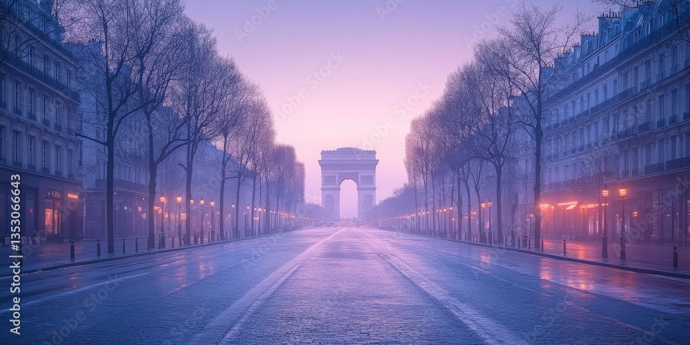 Obraz premium Arc de triomphe in paris at sunrise with fog illuminating champs elysees avenue