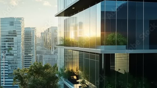Sunrise over Modern Metropolis: Architectural Marvel with Lush Greenery