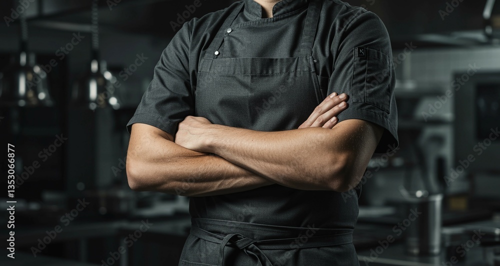 Professional chef standing with arms crossed in restaurant kitchen Professional chef standing with arms crossed in restaurant kitchen