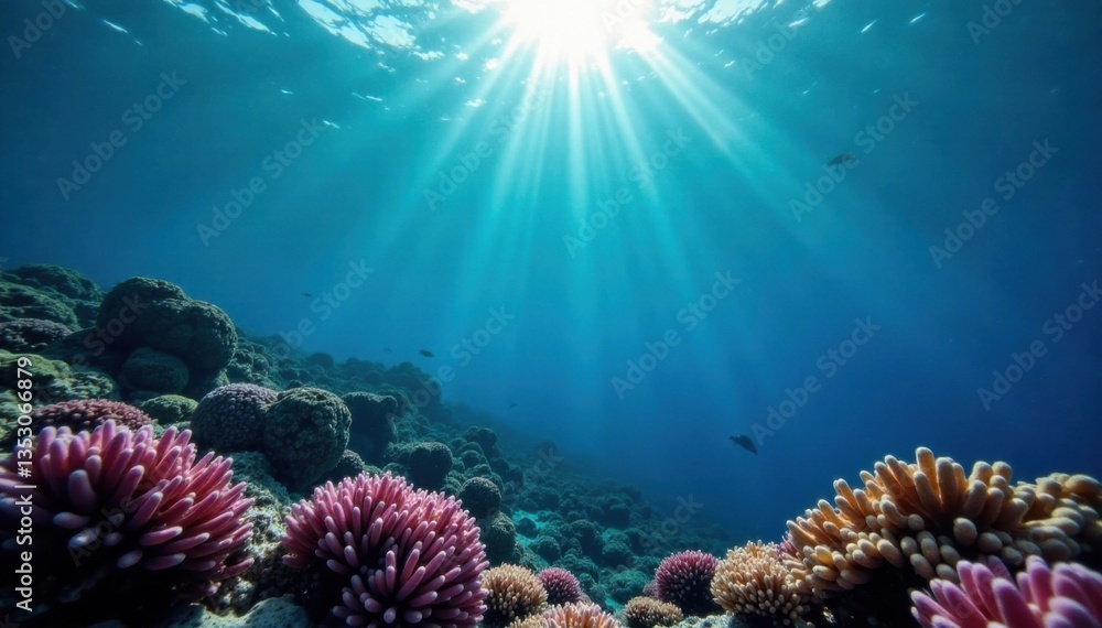 Fototapeta premium Dark blue ocean surface, coral reef in the foreground, sunlight filtering down , ocean, coral