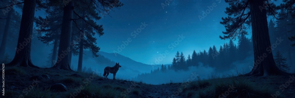 Fototapeta premium Dark forest under starry sky with wolf's haunting cry, moonlight, wilderness