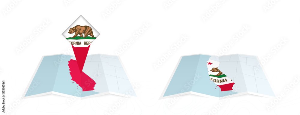 Fototapeta premium Two versions of an California folded map, one with a pinned country flag and one with a flag in the map contour. Template for both print and online design.