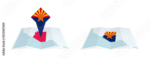 Two versions of an Arizona folded map, one with a pinned country flag and one with a flag in the map contour. Template for both print and online design.