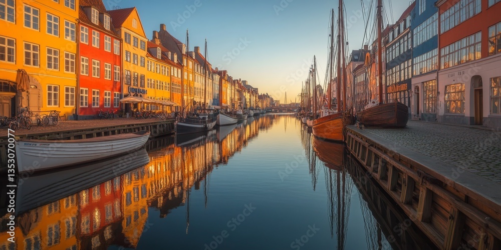 Fototapeta premium Nyhavn reflecting in the canal at sunrise, copenhagen, denmark