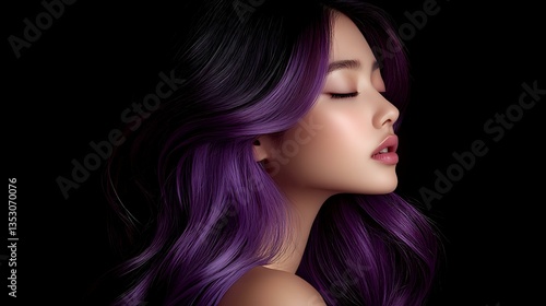 Young Asian woman with vibrant purple ombre hair in profile view against black background, eyes closed, showing professional hair coloring and styling technique.