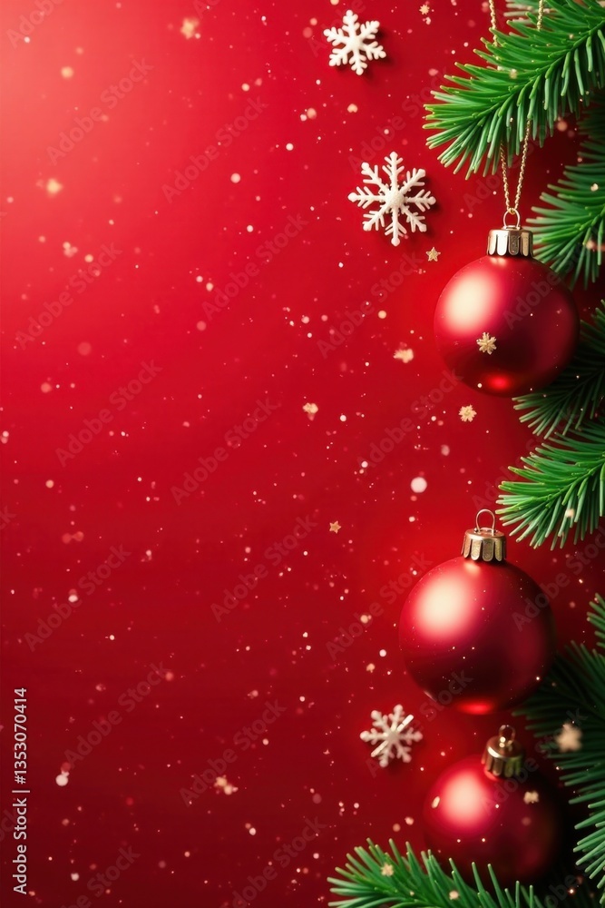 Delicate Christmas decorations amidst falling snowflakes on a vibrant red background, decoration, ornament Delicate Christmas decorations amidst falling snowflakes on a vibrant red background, decoration, ornament