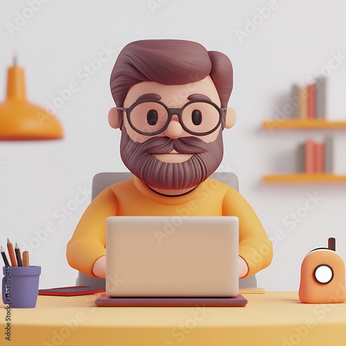 노트북을 사용하는 3D 남성 캐릭터, AI 생성
