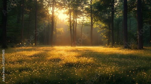 황금빛 들판이 펼쳐진 숲 속 풍경, AI 생성