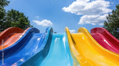Colorful Water Slides Fun Summer Day at Waterpark.