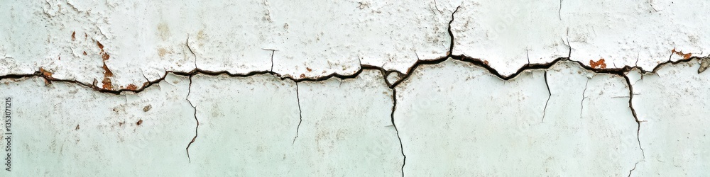 Obraz premium A close-up of cracked white paint on a concrete wall, with rust spots and peeling edges visible
