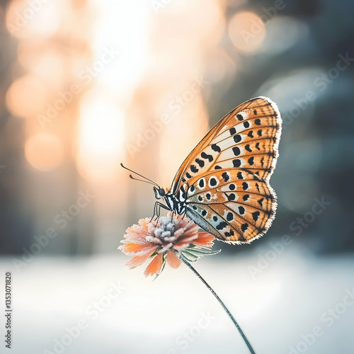 Butterfly on flower, sunset forest background, nature photography, perfect for websites or social media