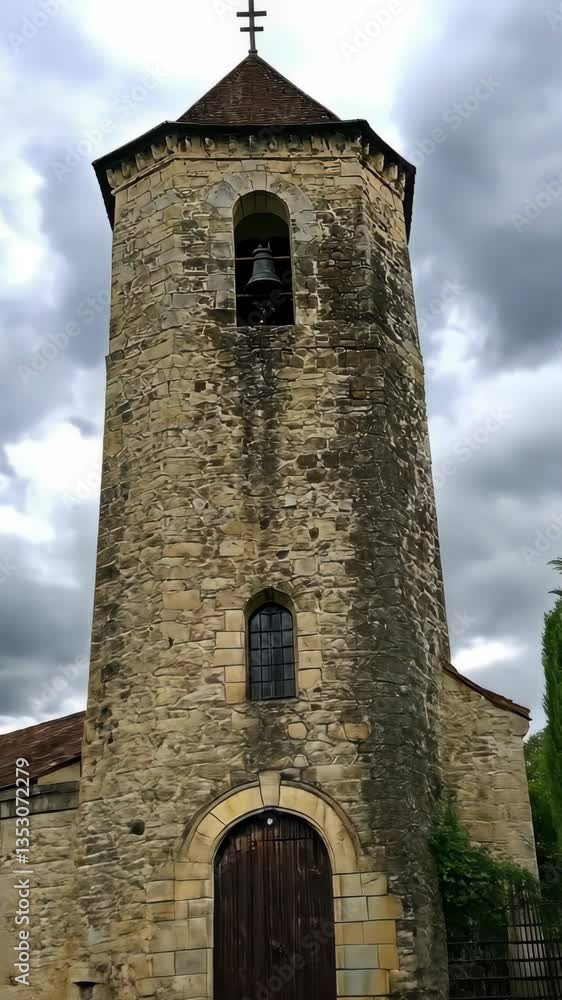 Historic stone bell tower with a cross under a cloudy sky in a quaint village Historic stone bell tower with a cross under a cloudy sky in a quaint village