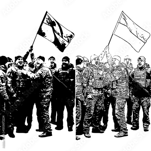 Black and White Ukraine Army Art Ilustration, They assembled to celebrate the victory and held the flag with pride