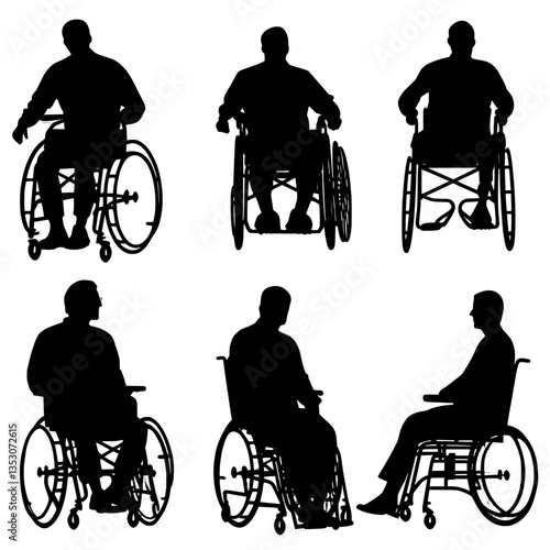 Silhouettes of people in wheelchairs, vector illustration isolated on a white background. Black silhouette set collection, svg, png