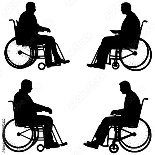 Silhouettes of people in wheelchairs, vector illustration isolated on a white background. Black silhouette set collection, svg, png