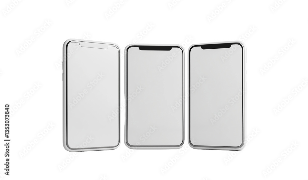 Three White Smartphones with Blank Screens Mockup for App Presentation Isolated on transparent