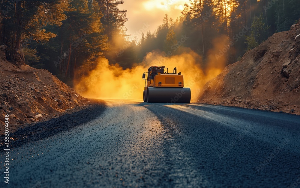 Asphalt Road Laying Golden Hour Construction Creating ANew Path Through Nature Asphalt Road Laying Golden Hour Construction Creating ANew Path Through Nature