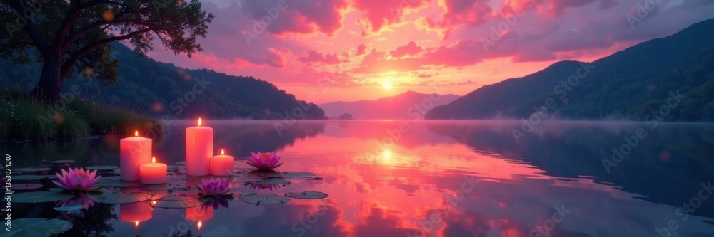 Obraz premium Dreamy sunset over a serene lake with floating candles and water lilies, peaceful, candles