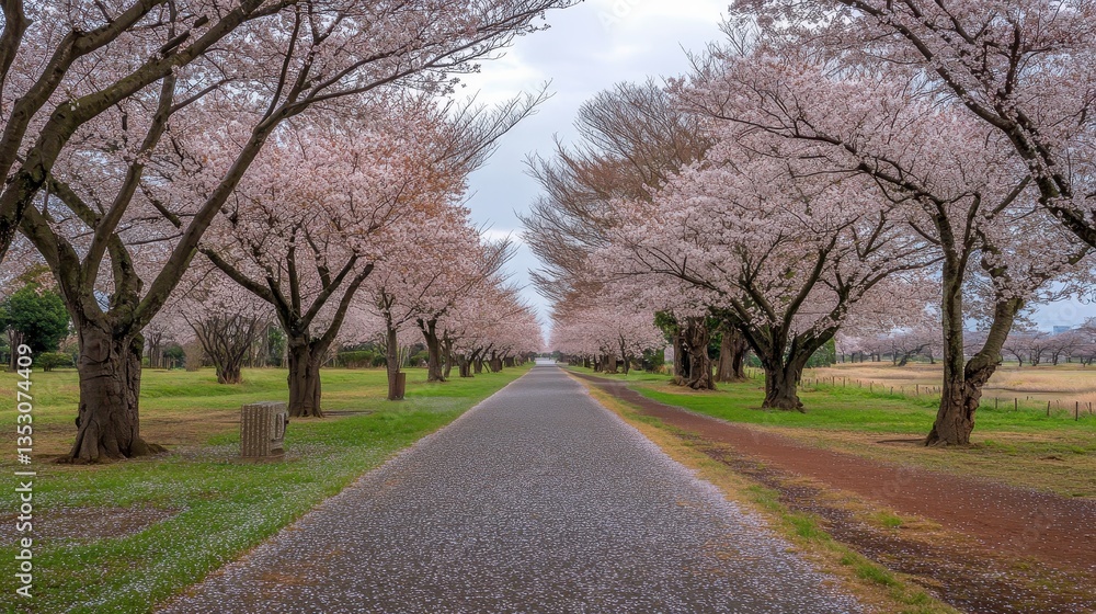 Fototapeta premium Cherry Blossom Avenue with Spring Path in Japan.