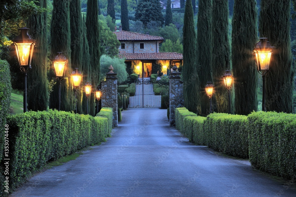 Fototapeta premium Elegant pathway illuminated by classic lamps, leading to a charming villa amidst cypress trees in a serene countryside setting at dusk, creating a magical atmosphere