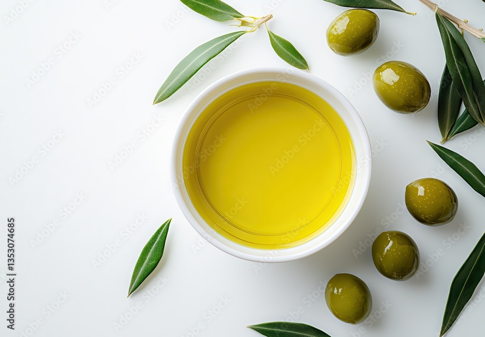 custom made wallpaper toronto digitalFresh Olive Oil in Bowl Surrounded by Green Olives and Olive Leaves on White Background for Healthy Cooking and Natural Ingredients Concept