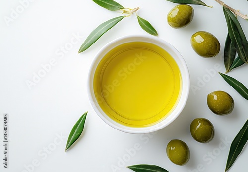 Wallpaper Mural Fresh Olive Oil in Bowl Surrounded by Green Olives and Olive Leaves on White Background for Healthy Cooking and Natural Ingredients Concept Torontodigital.ca
